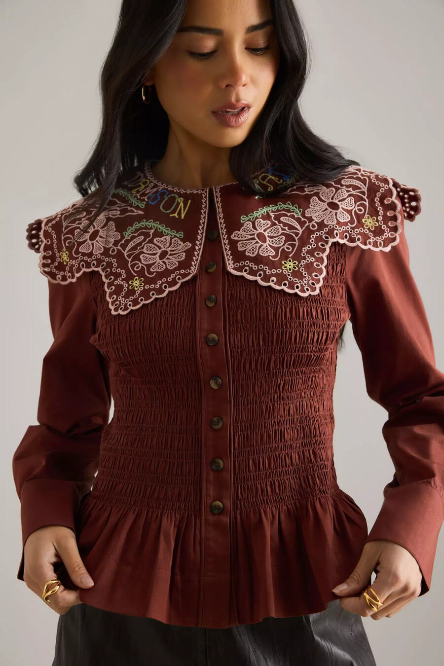 blusa bordada con helecho de ciruela damasco