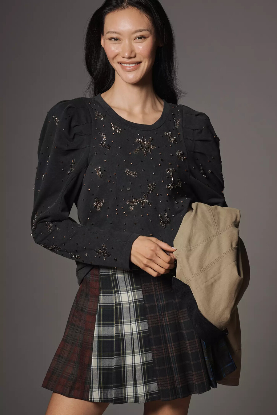 top adornado con mangas abullonadas de pilcro