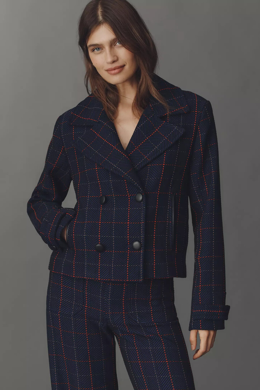 blazer corto a cuadros blanco de maeve x merrick