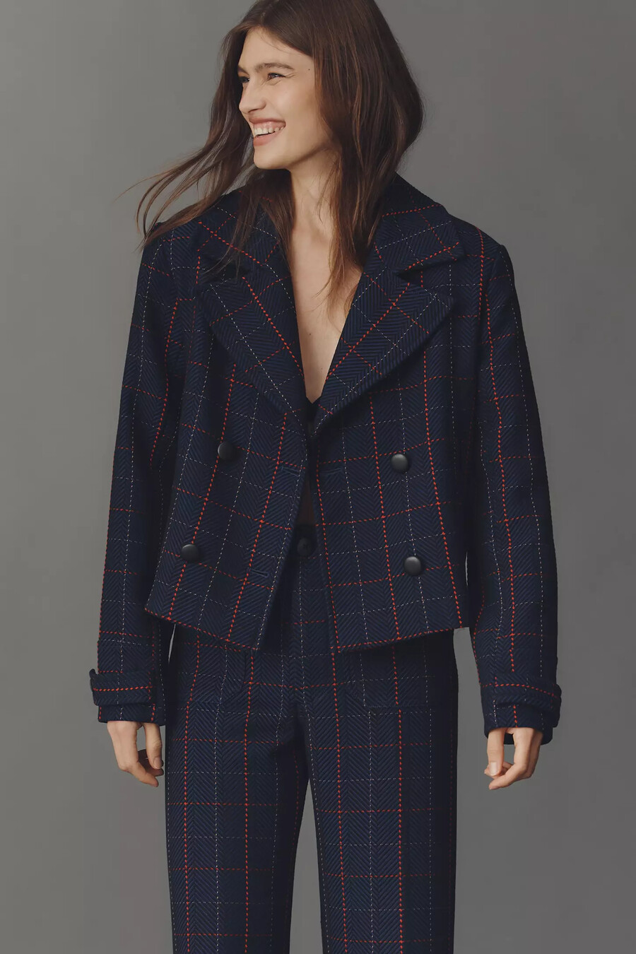 blazer corto a cuadros blanco de maeve x merrick