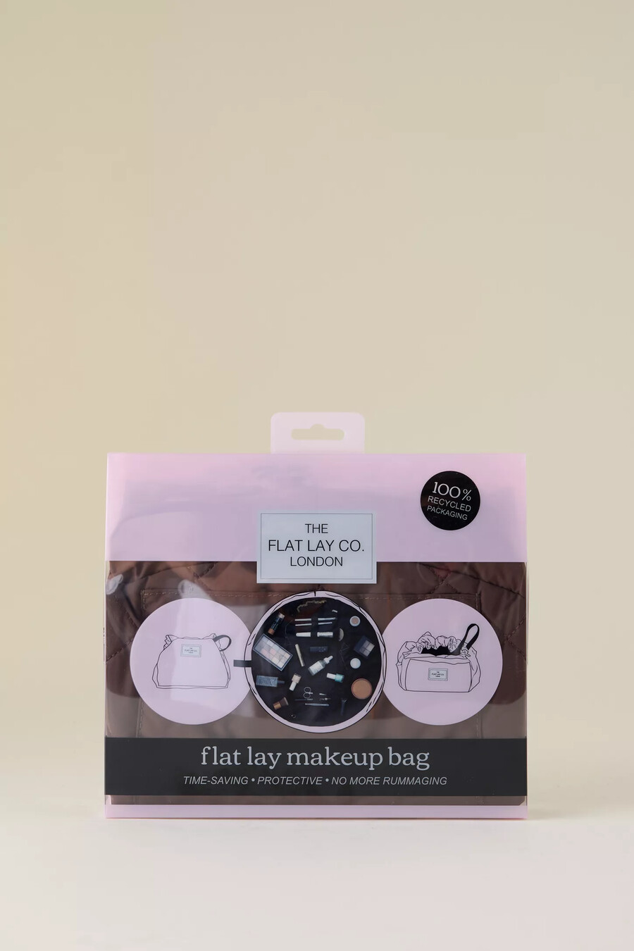bolsa de maquillaje plana y abierta de the flat lay co.