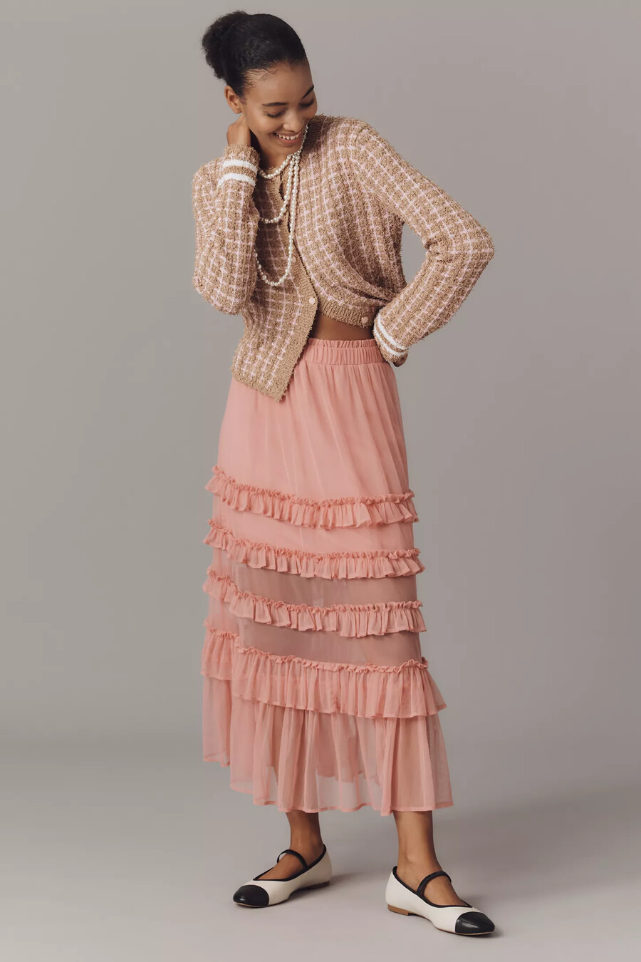 falda midi escalonada de tul con volantes de maeve