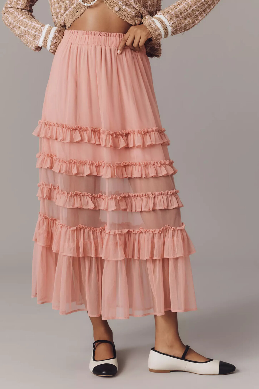 falda midi escalonada de tul con volantes de maeve