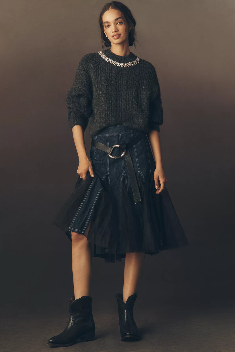 falda midi de denim godet de tul pilcro